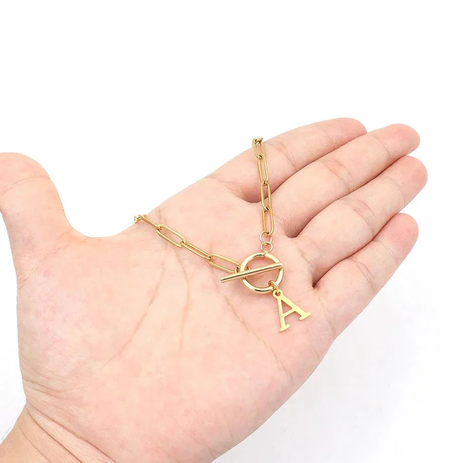 Simple Initial Circle Paperclip Lock Necklace