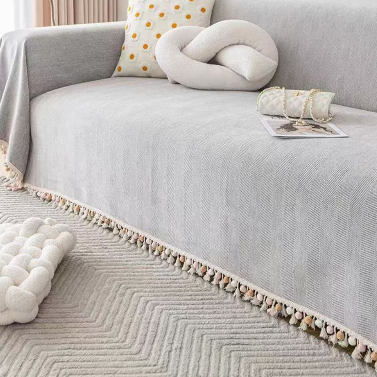 Pet-Friendly Herringbone Sofa Cover with Boho Tassels