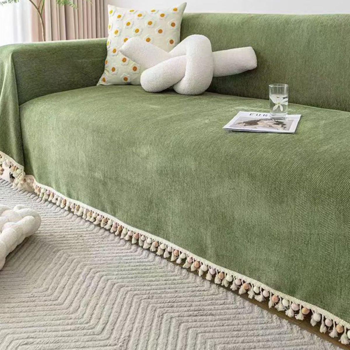 Pet-Friendly Herringbone Sofa Cover with Boho Tassels