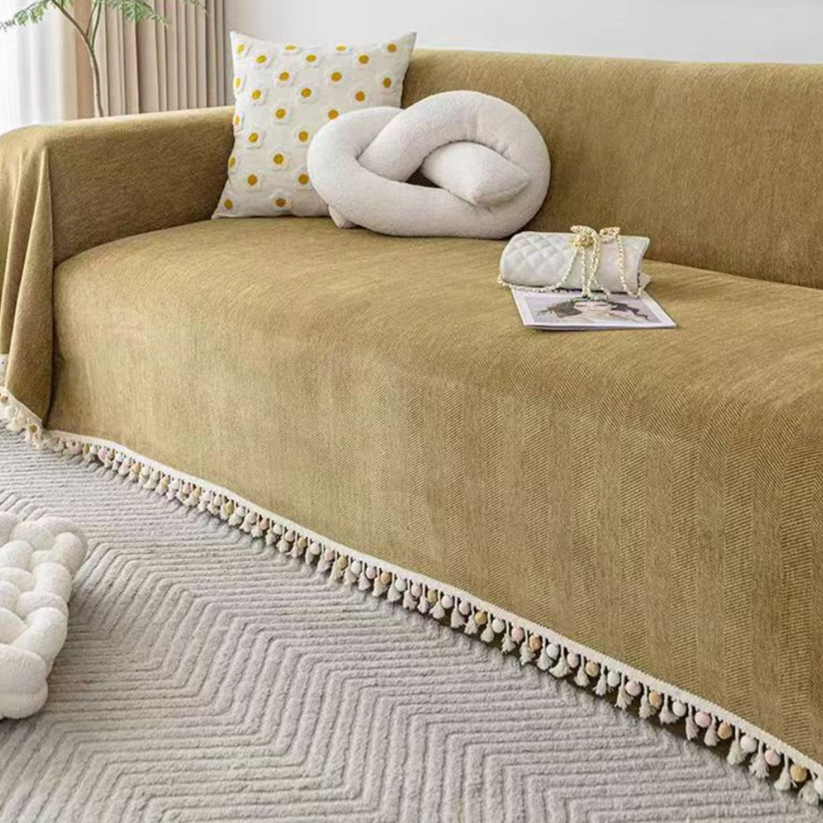 Pet-Friendly Herringbone Sofa Cover with Boho Tassels
