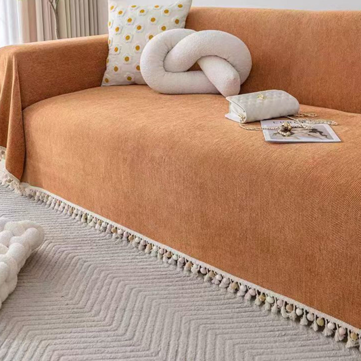 Pet-Friendly Herringbone Sofa Cover with Boho Tassels