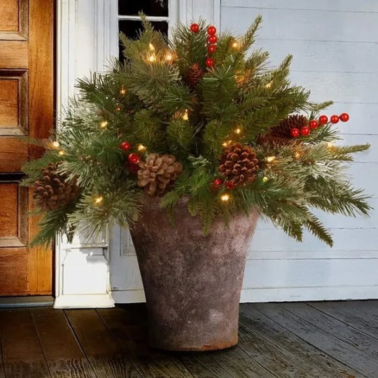 Pre-Lit Christmas Urn Filler with LED Lights and Realistic Pine Cones