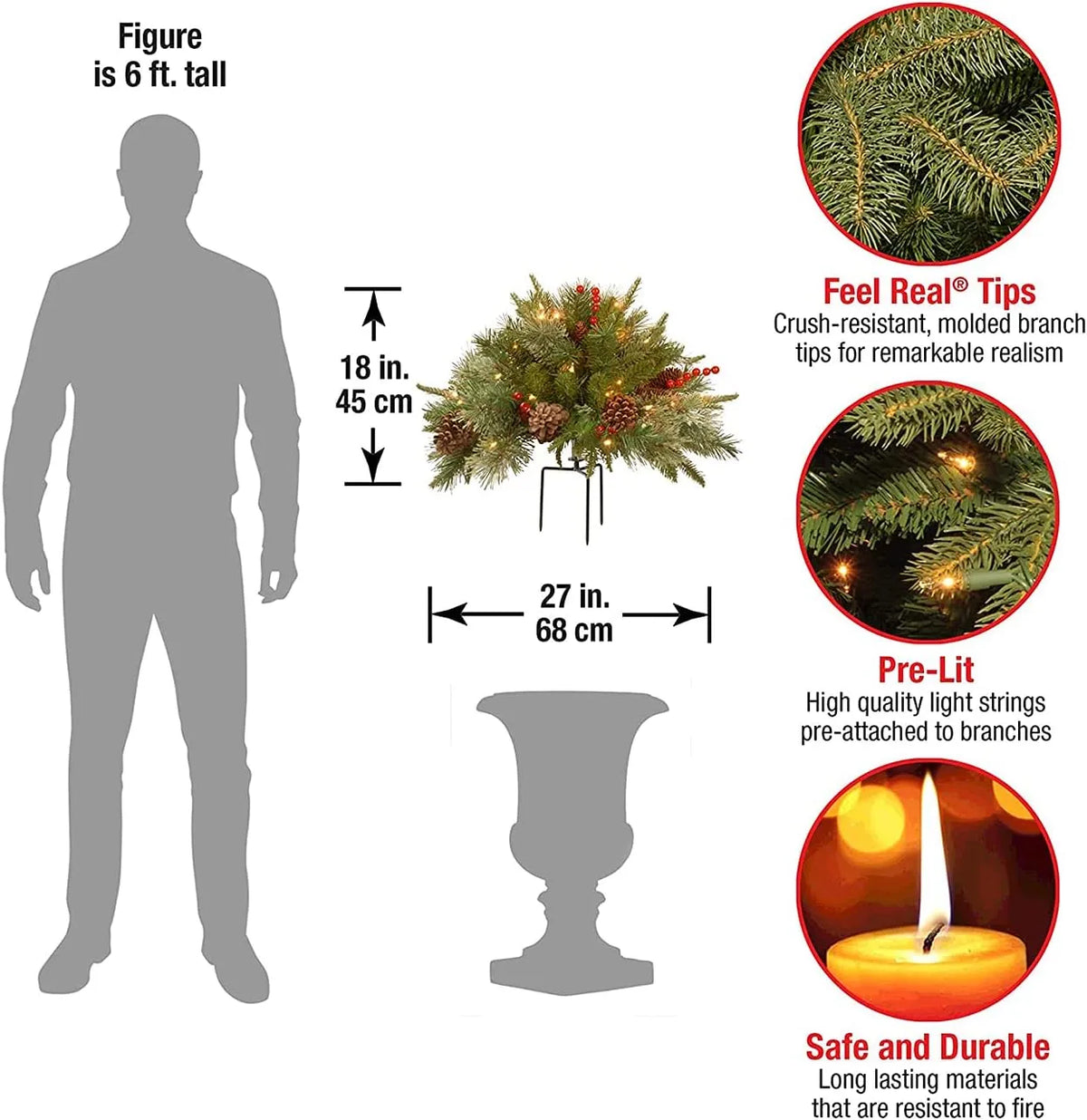 Pre-Lit Christmas Urn Filler with LED Lights and Realistic Pine Cones