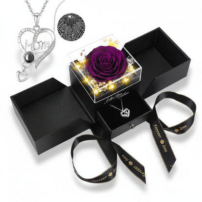 Preserved Eternal Flower Rose Gift Box with LED Light and Love Necklace