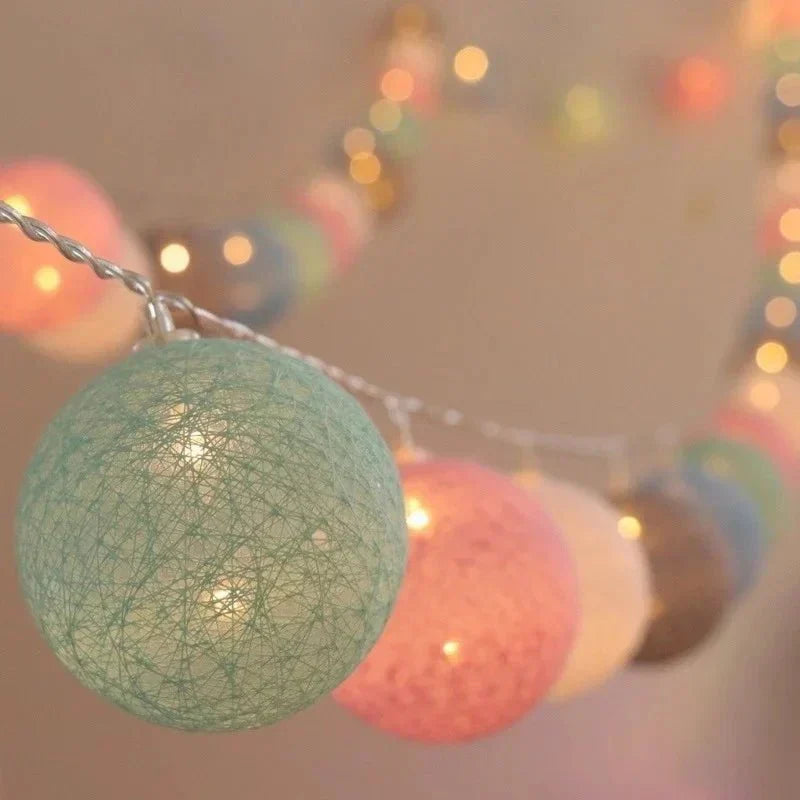 Colorful String Fairy Light Cotton Ball Decor - Cofik