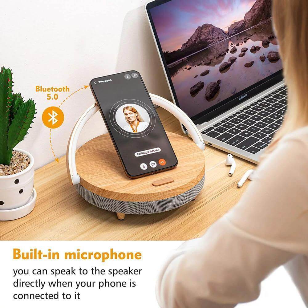 Compact Wooden Bluetooth Speaker Desk Lamp