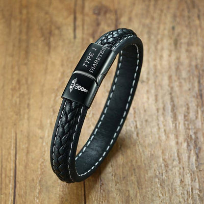 Men's Black Leather Diabetes Alert ID Bracelet