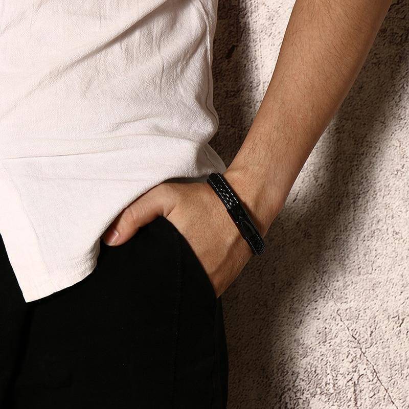 Men's Black Leather Diabetes Alert ID Bracelet