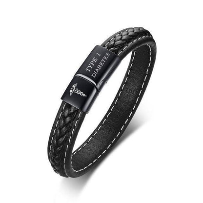 Men's Black Leather Diabetes Alert ID Bracelet