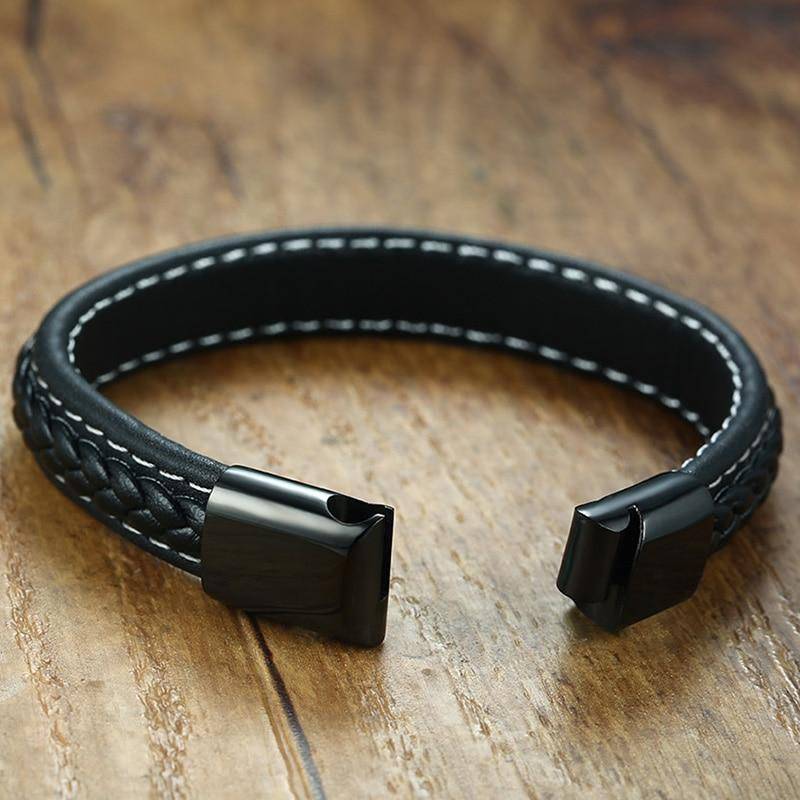 Men's Black Leather Diabetes Alert ID Bracelet - Cofik