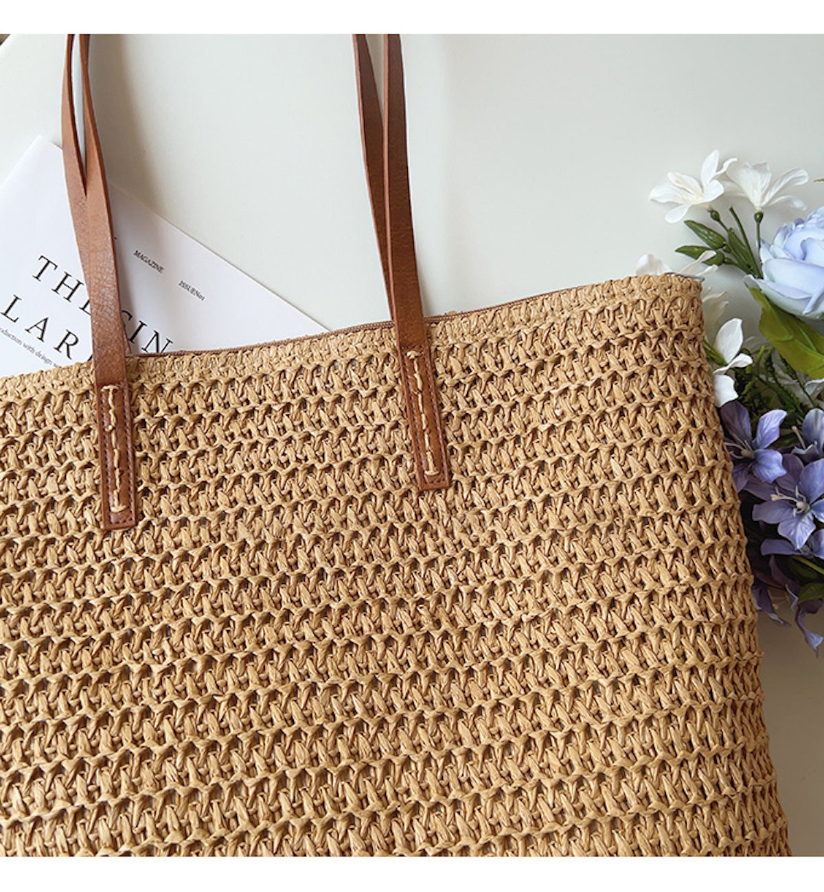 Natural Woven Tote Bag with Brown Leather Handles