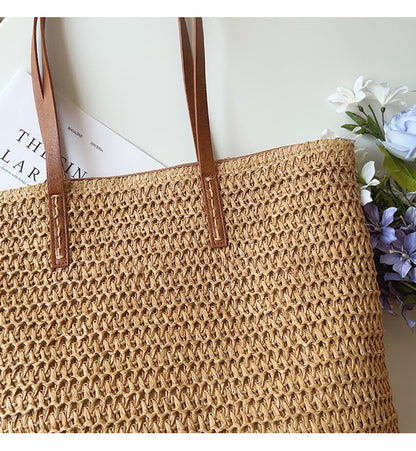 Natural Woven Tote Bag with Brown Leather Handles