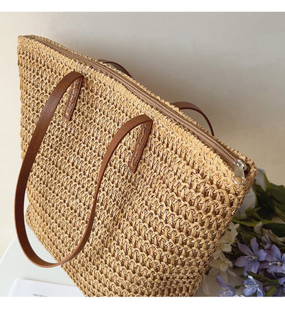 Natural Woven Tote Bag with Brown Leather Handles