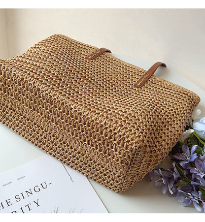 Natural Woven Tote Bag with Brown Leather Handles