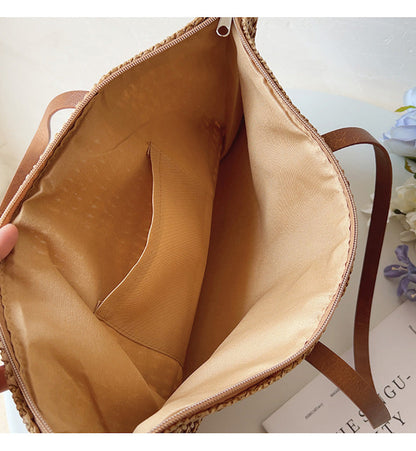 Natural Woven Tote Bag with Brown Leather Handles
