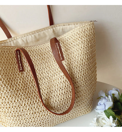 Natural Woven Tote Bag with Brown Leather Handles