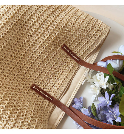 Natural Woven Tote Bag with Brown Leather Handles