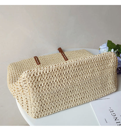 Natural Woven Tote Bag with Brown Leather Handles
