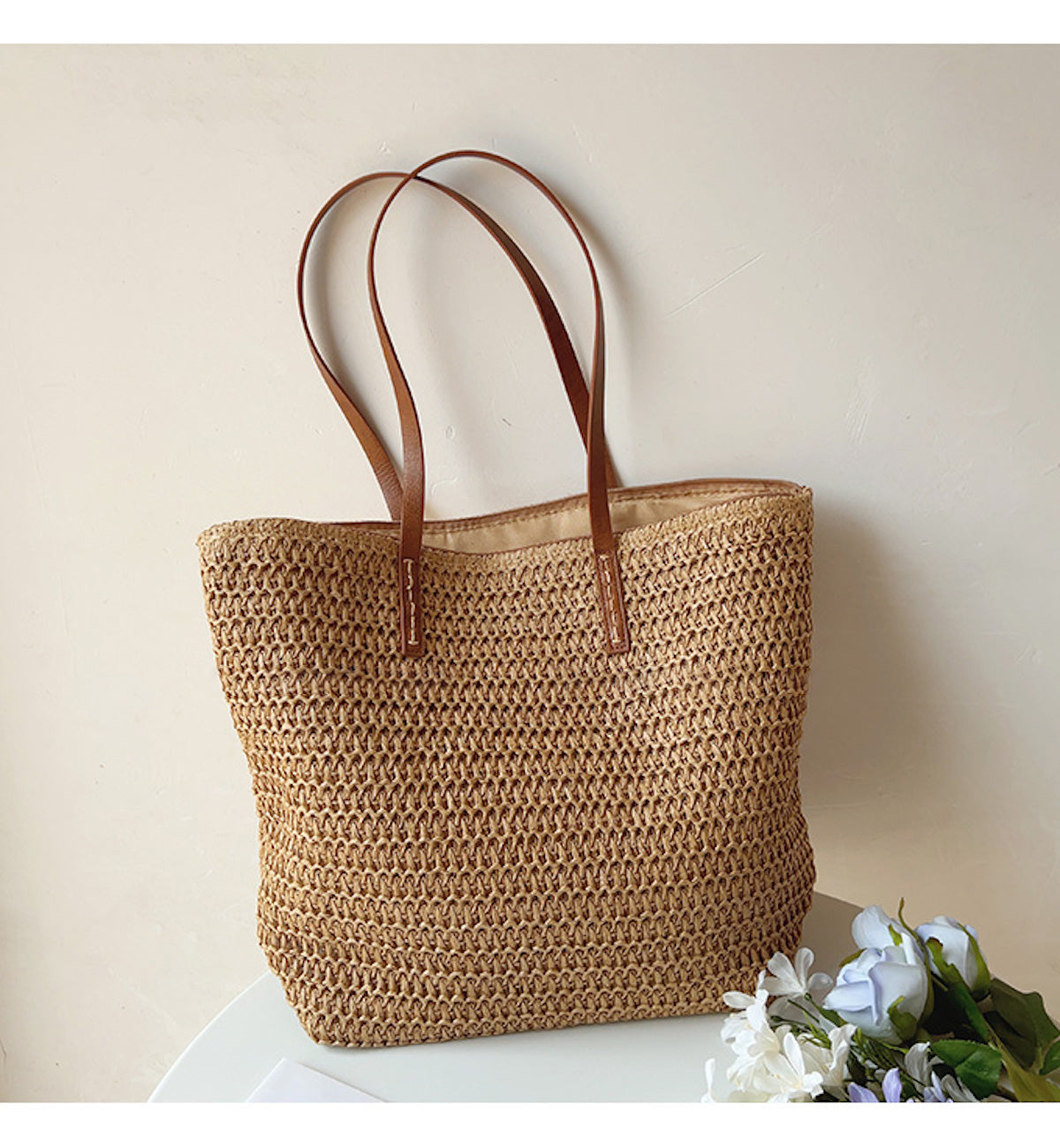 Natural Woven Tote Bag with Brown Leather Handles - Cofik