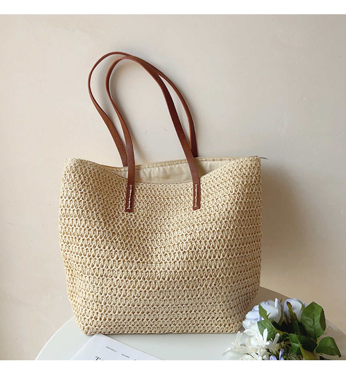 Natural Woven Tote Bag with Brown Leather Handles