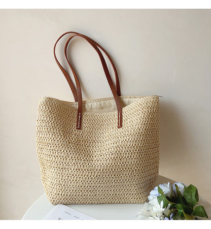 Natural Woven Tote Bag with Brown Leather Handles