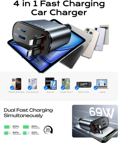 Retractable Car Charger 69W USB C