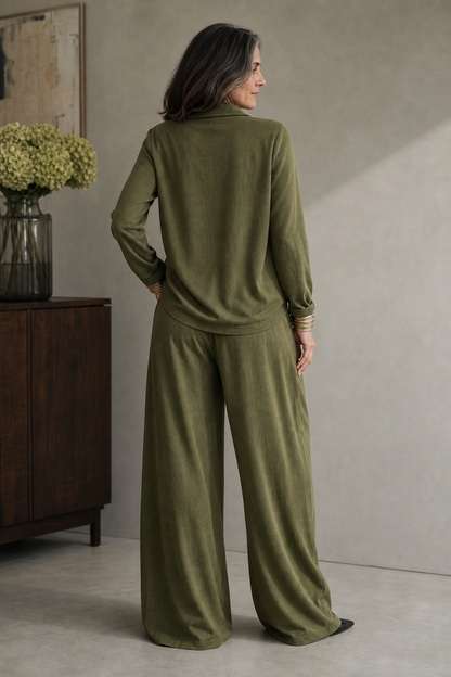 Ribbed Knit Draped Top and Pants Set