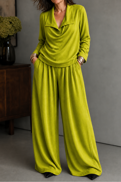 Ribbed Knit Draped Top and Pants Set