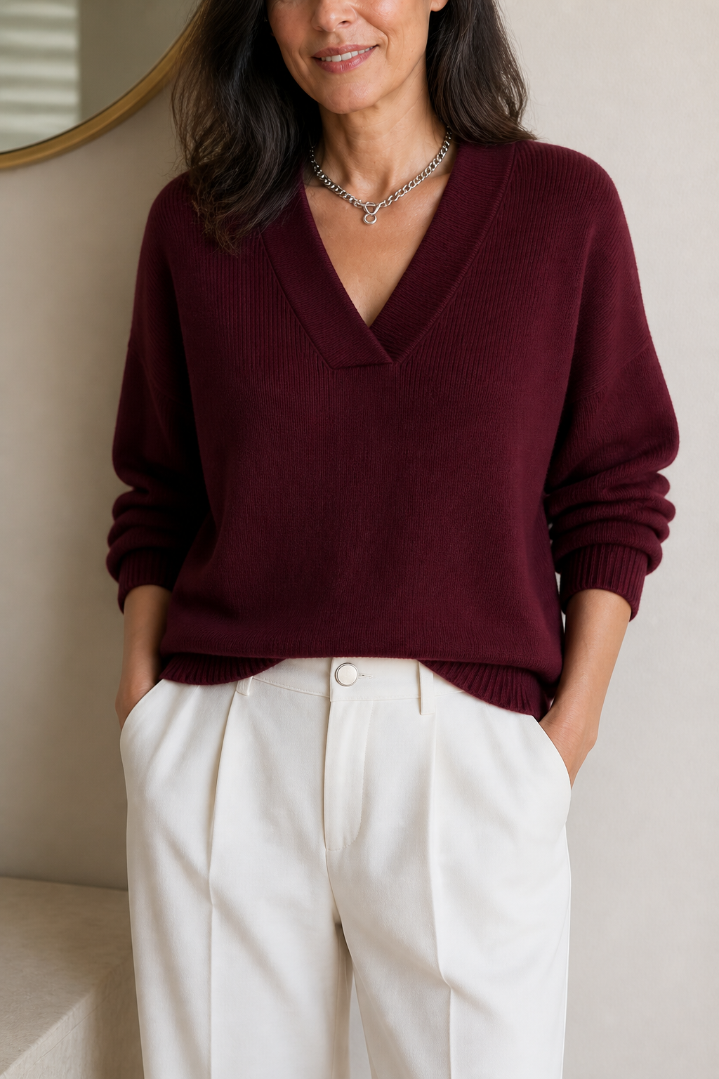 Ribbed V-Neck Relaxed Knit Sweater