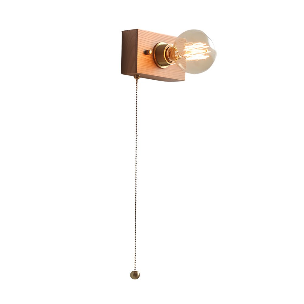 Rustic Wooden Bedside Wall Light with Pull Chain