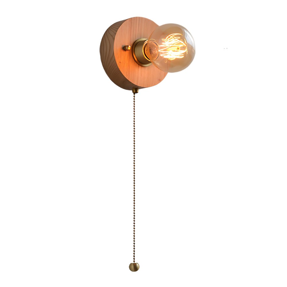 Rustic Wooden Bedside Wall Light with Pull Chain