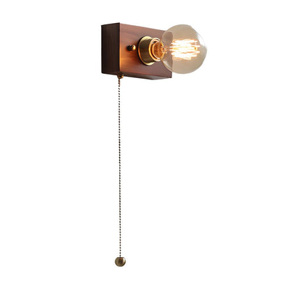 Rustic Wooden Bedside Wall Light with Pull Chain