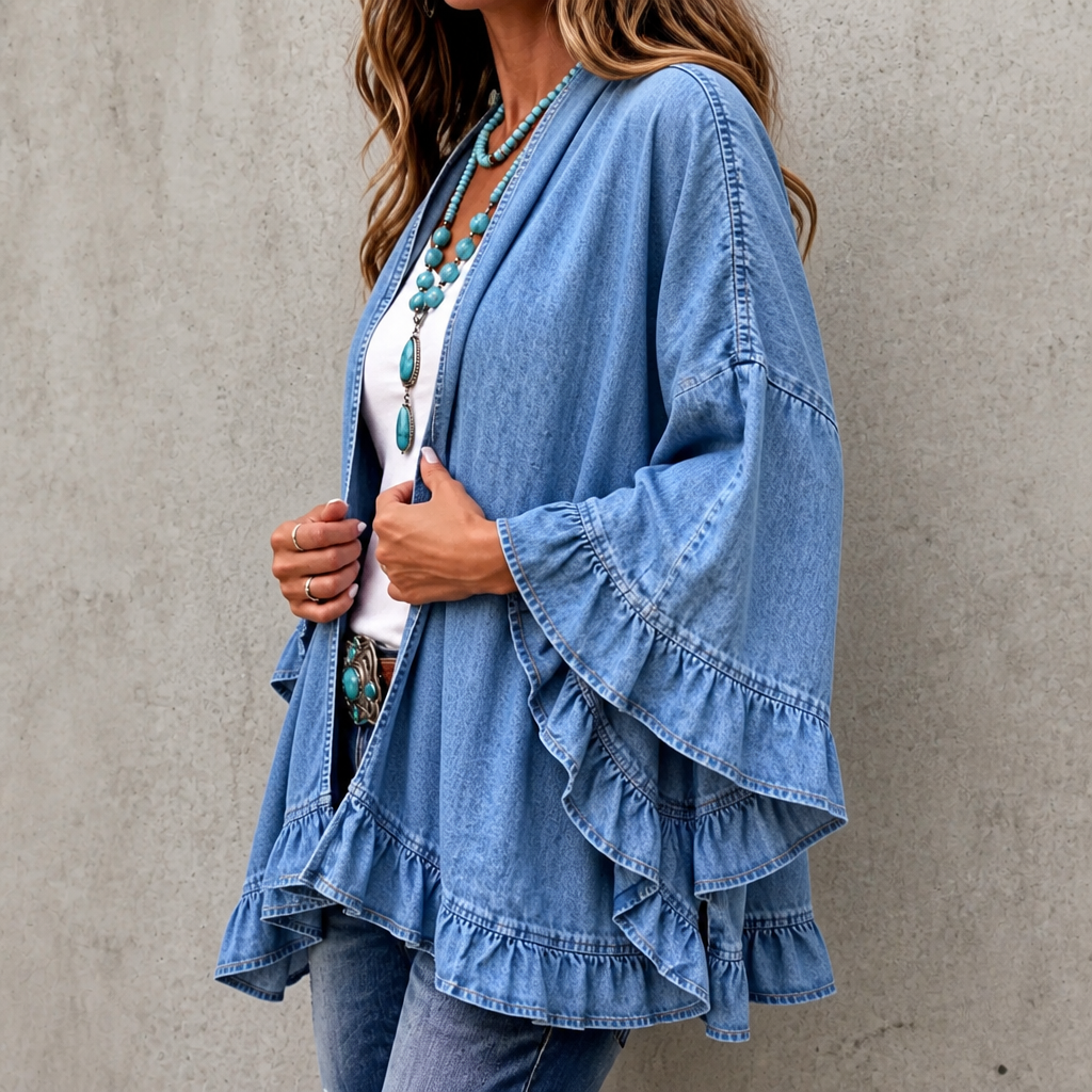Ruffle-Trim Open-Front Denim Look Cardigan