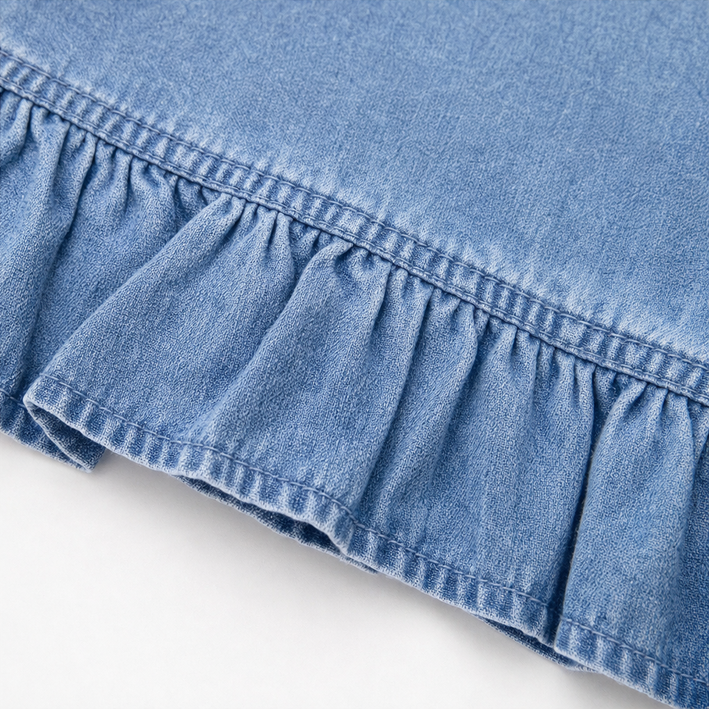 Ruffle-Trim Open-Front Denim Look Cardigan