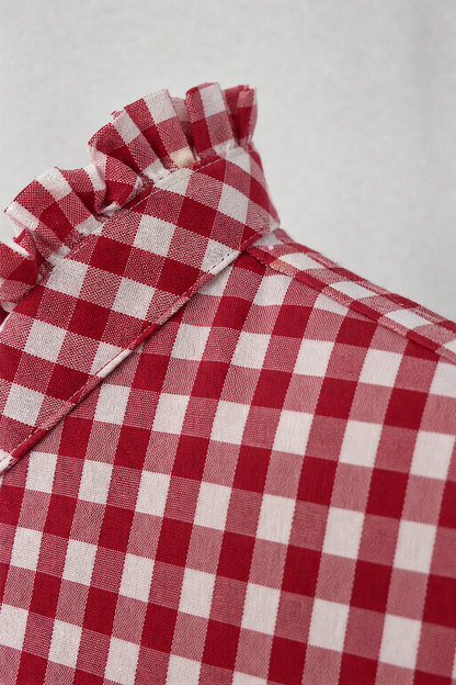 Ruffled Collar Checked Print Blouse