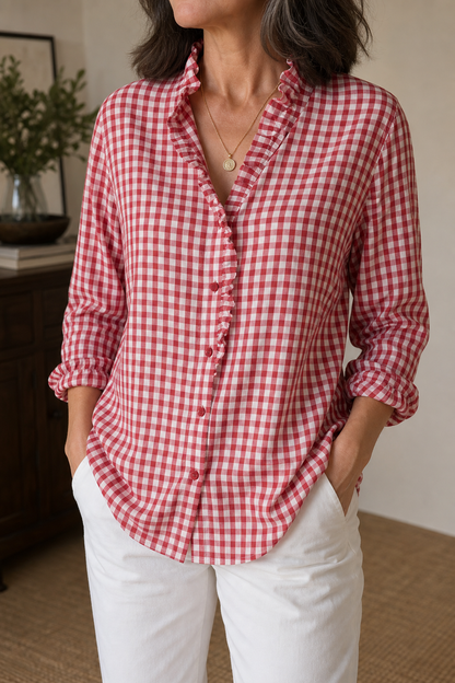 Ruffled Collar Checked Print Blouse