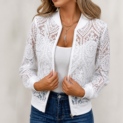 Sheer Floral Lace Bomber Jacket