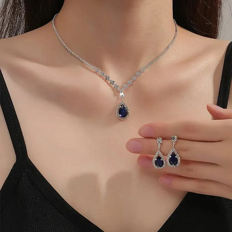 Sparkling Blue Drop Diamond Necklace and Earring Set - Cofik