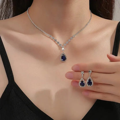Sparkling Blue Drop Diamond Necklace and Earring Set - Cofik