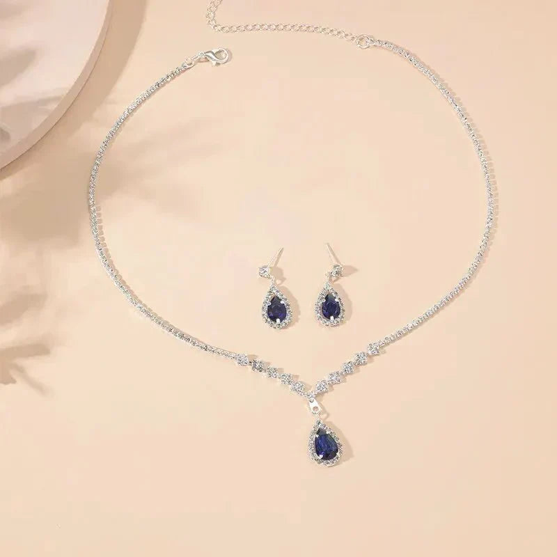 Sparkling Blue Drop Diamond Necklace and Earring Set