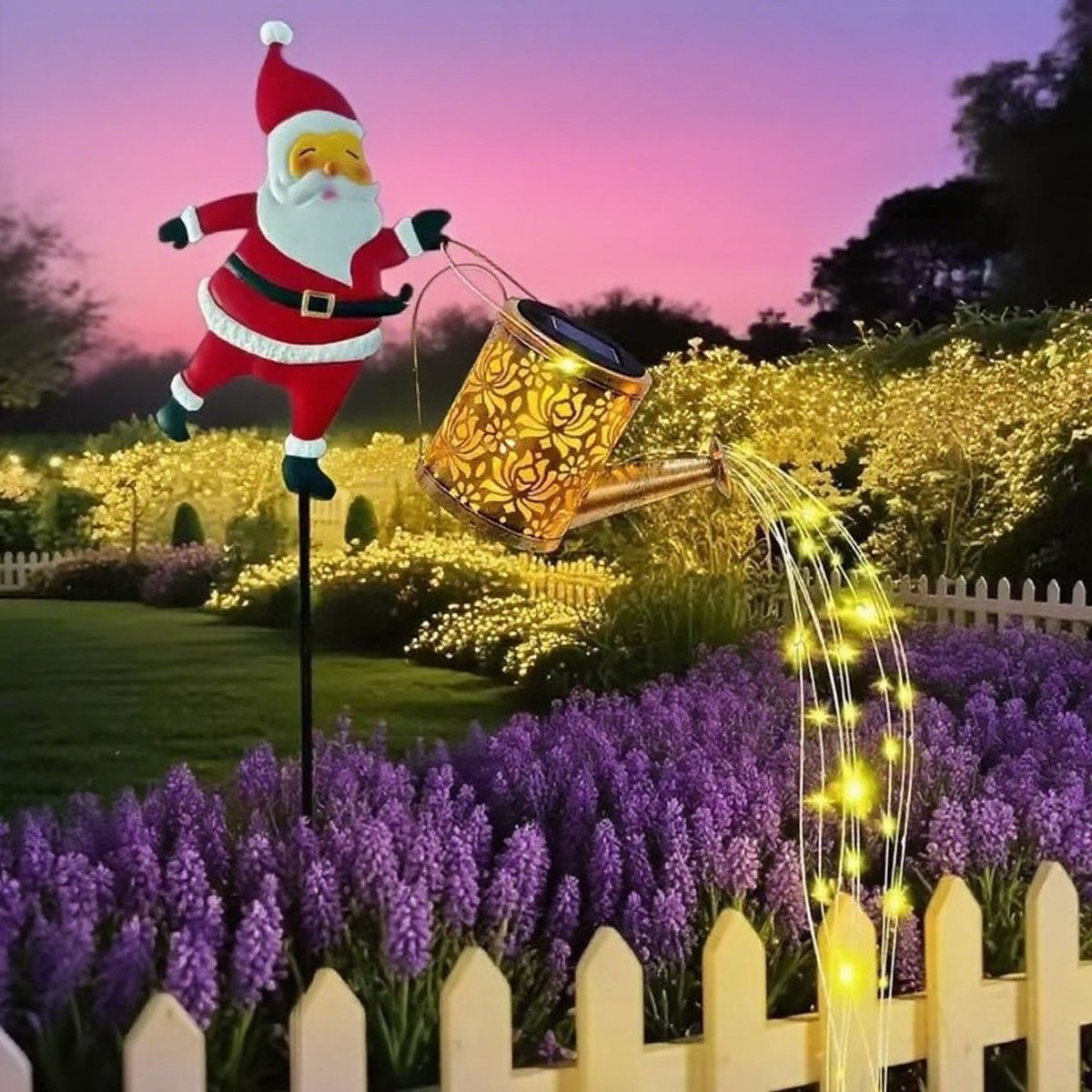 Solar Santa Watering Can Lantern for Winter Garden Decoration