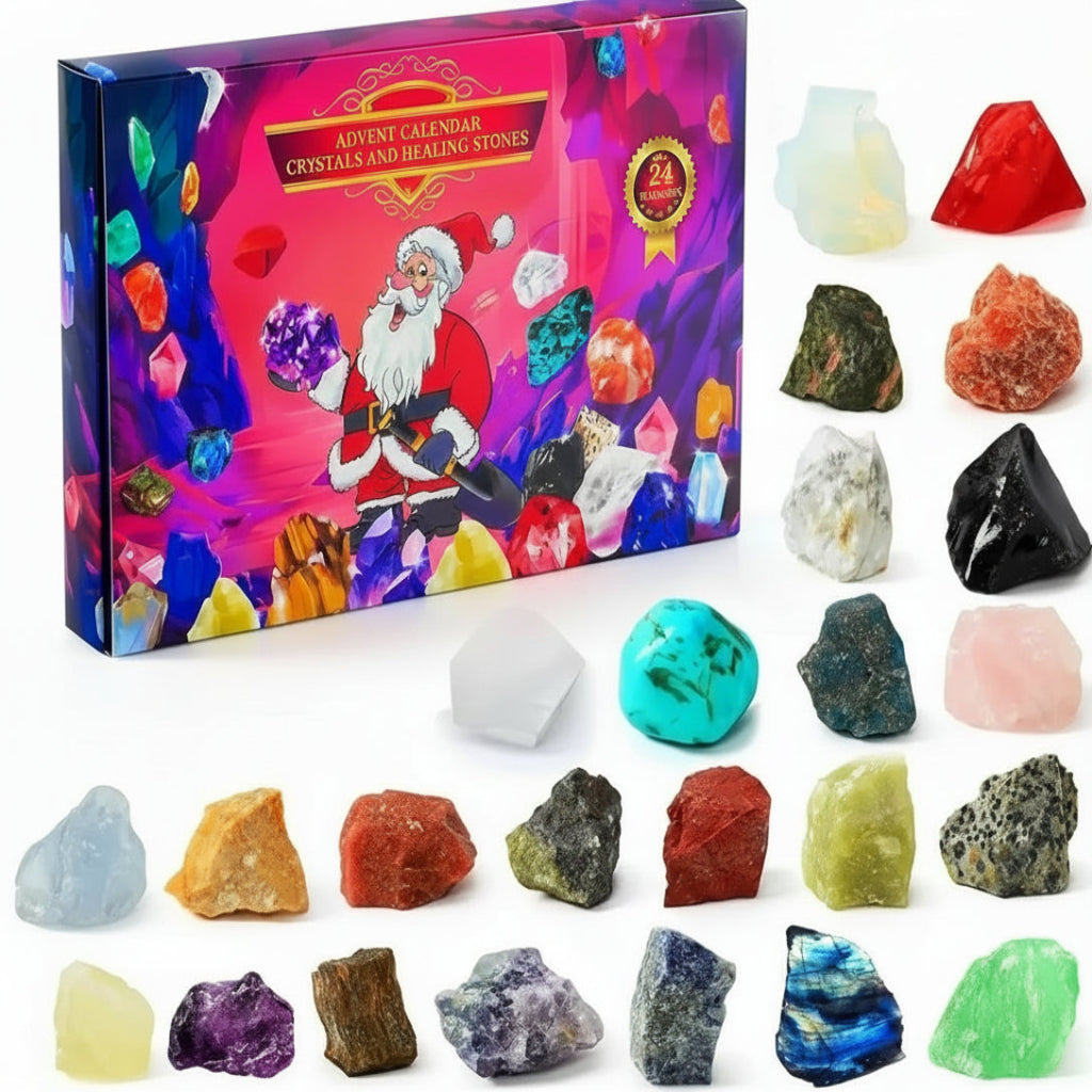 Stone Advent Calendar with 24 Natural Gemstones and Daily Compartments