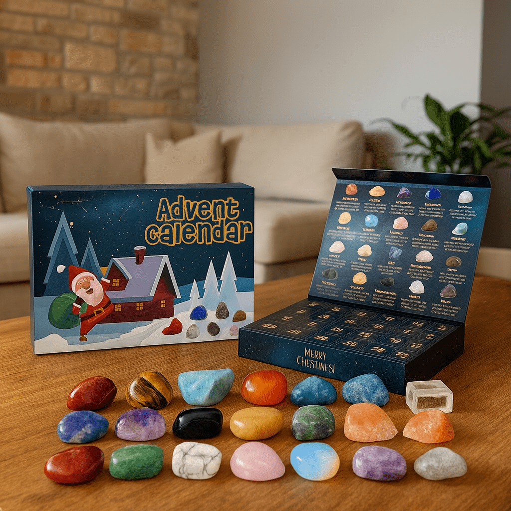 Stone Advent Calendar with 24 Natural Gemstones and Daily Compartments