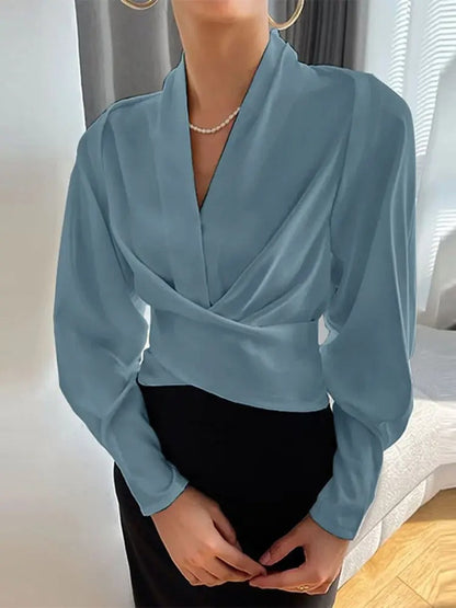 Vesper - V-neck wrap top with long puffed sleeves and cuffs