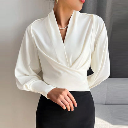 Vesper - V-neck wrap top with long puffed sleeves and cuffs