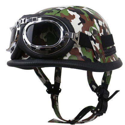 Vintage Leather Biker Helmet with Goggles