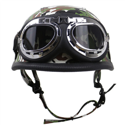 Vintage Leather Biker Helmet with Goggles