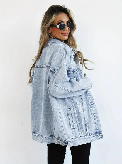 Water-Resistant & Lined Oversized Women's Hooded Denim Jacket