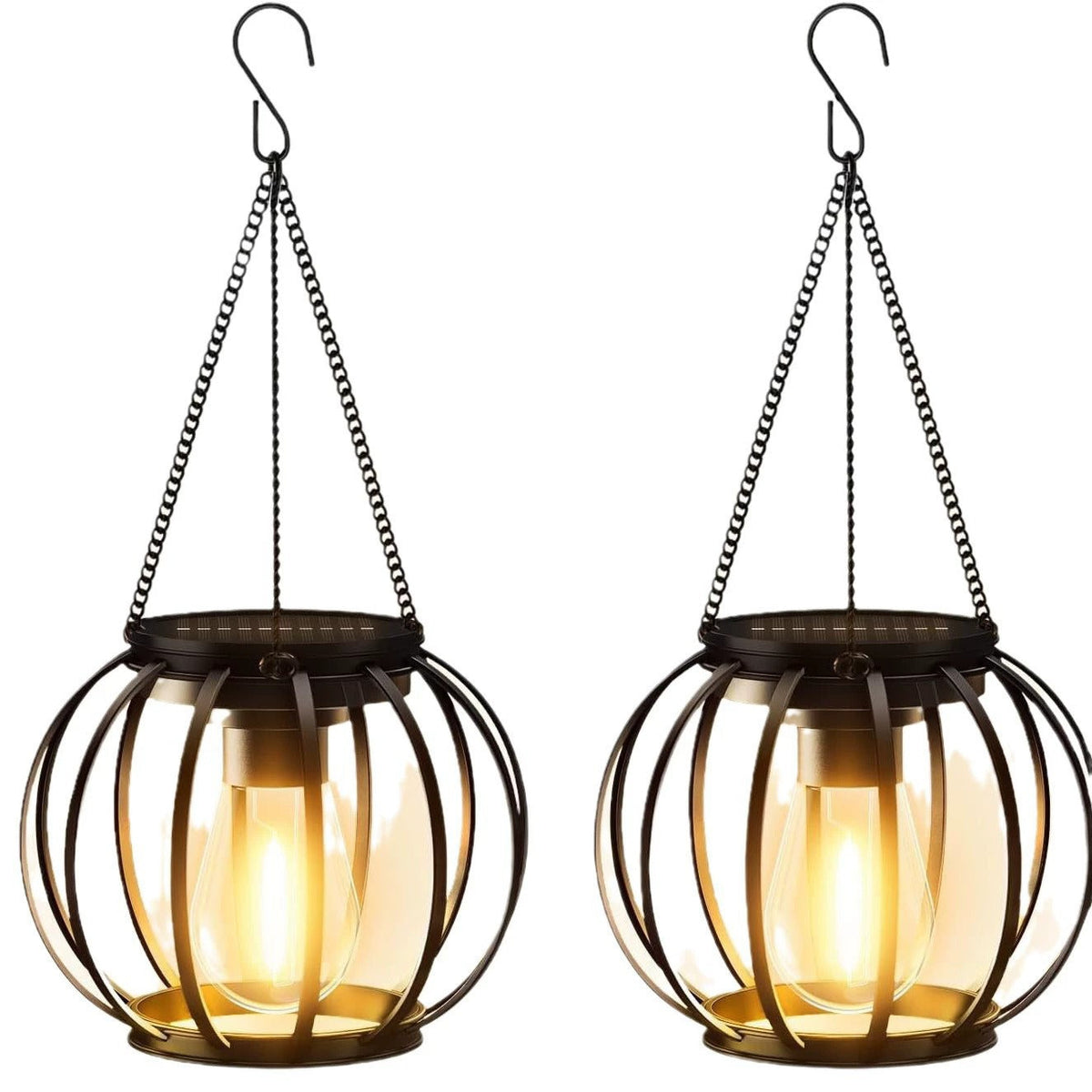 Waterproof Hanging Outdoor Solar Lanterns with Metal Cage and Vintage-Style LED Filament Bulb