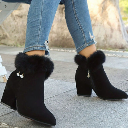 Women's Black Fur-Trim Pointed-Toe Block-Heel Ankle Boots